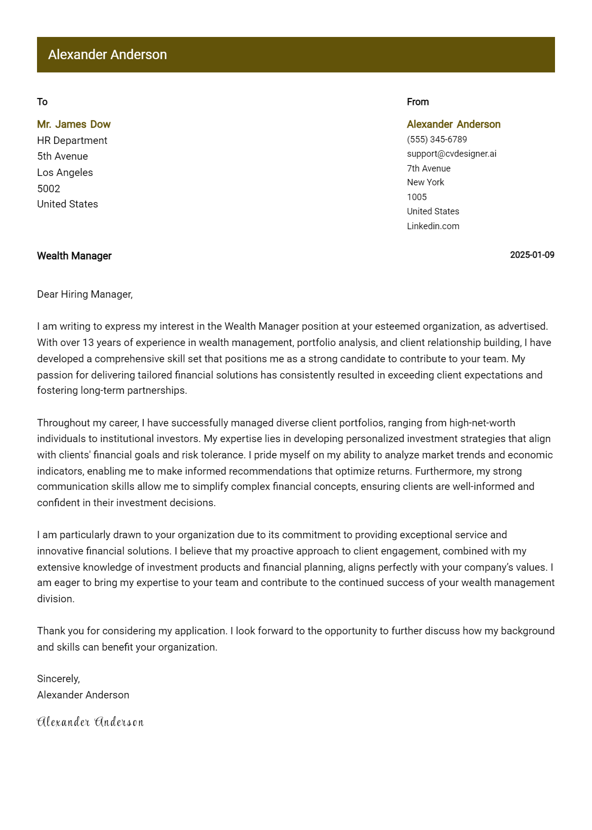 wealth manager cover letter example