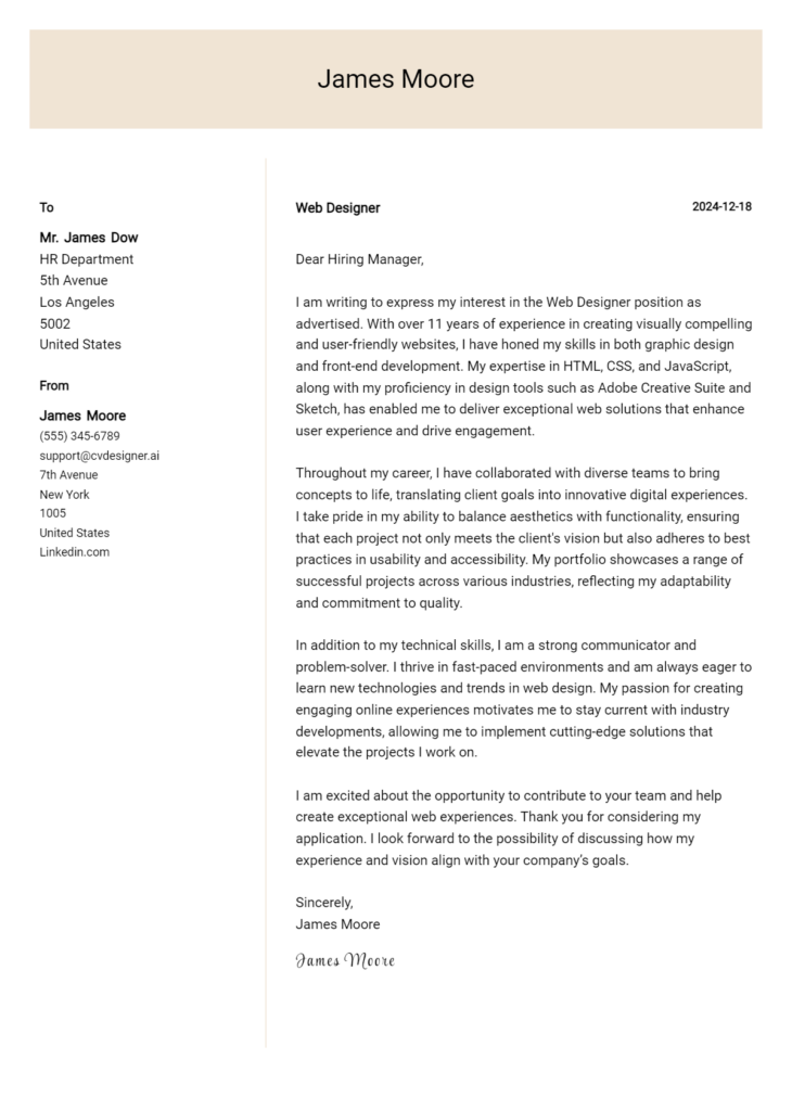 web designer cover letter example