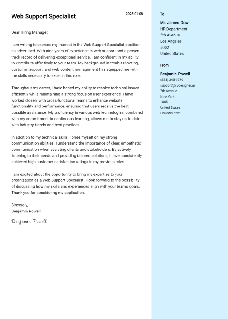 web support specialist cover letter example