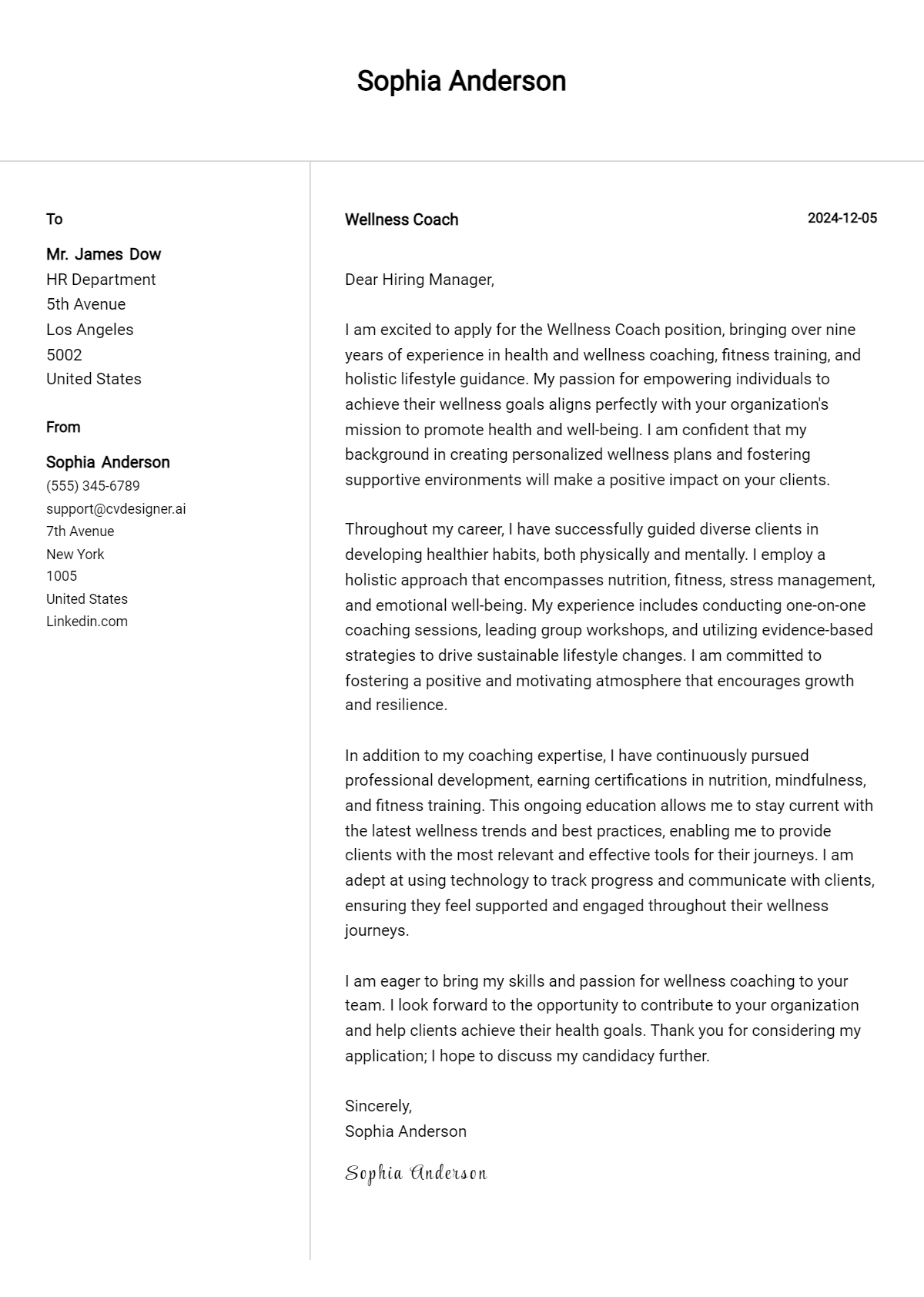 wellness coach cover letter example