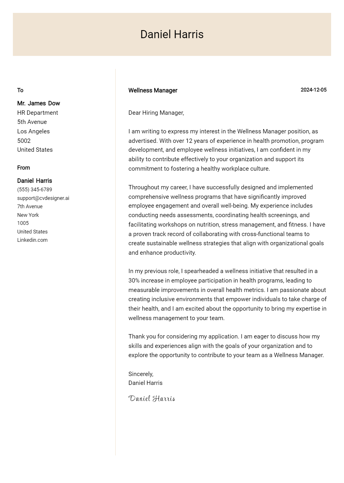 wellness manager cover letter example