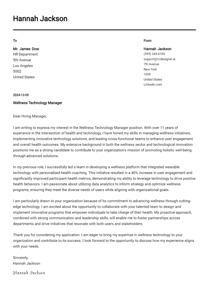 wellness technology manager cover letter example