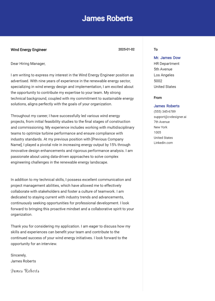 wind energy engineer cover letter example