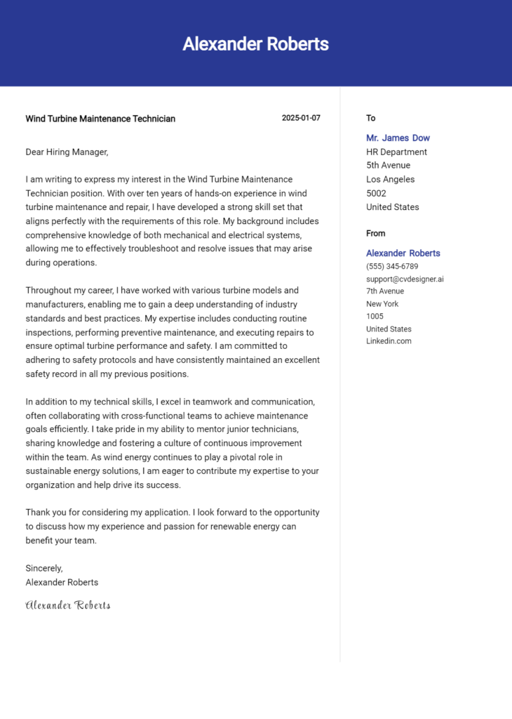 wind turbine maintenance technician cover letter example