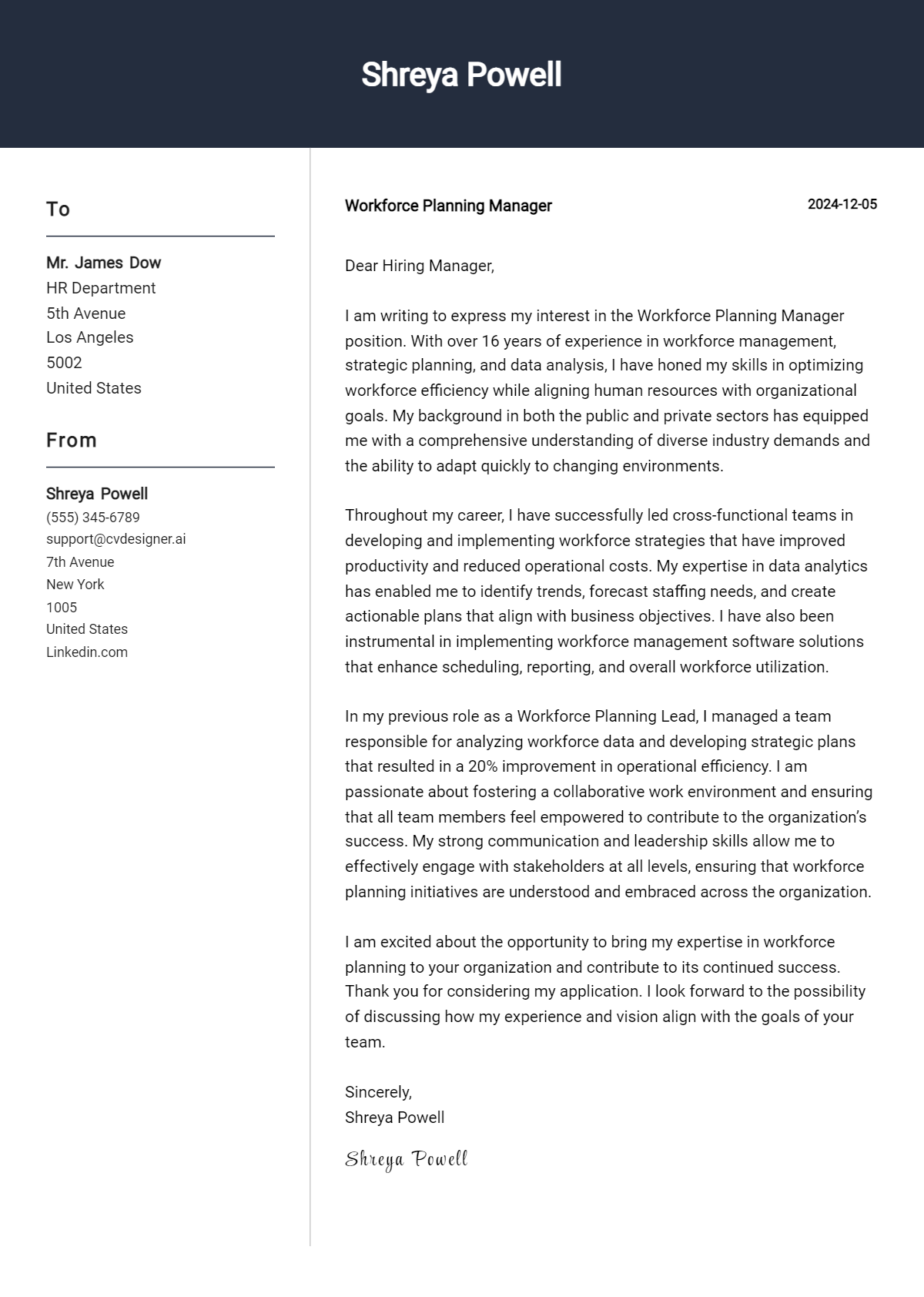 workforce planning manager cover letter example