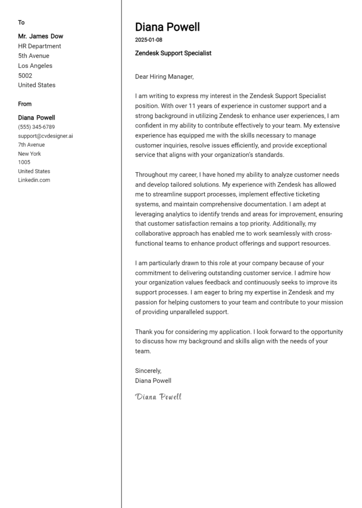 zendesk support specialist cover letter example